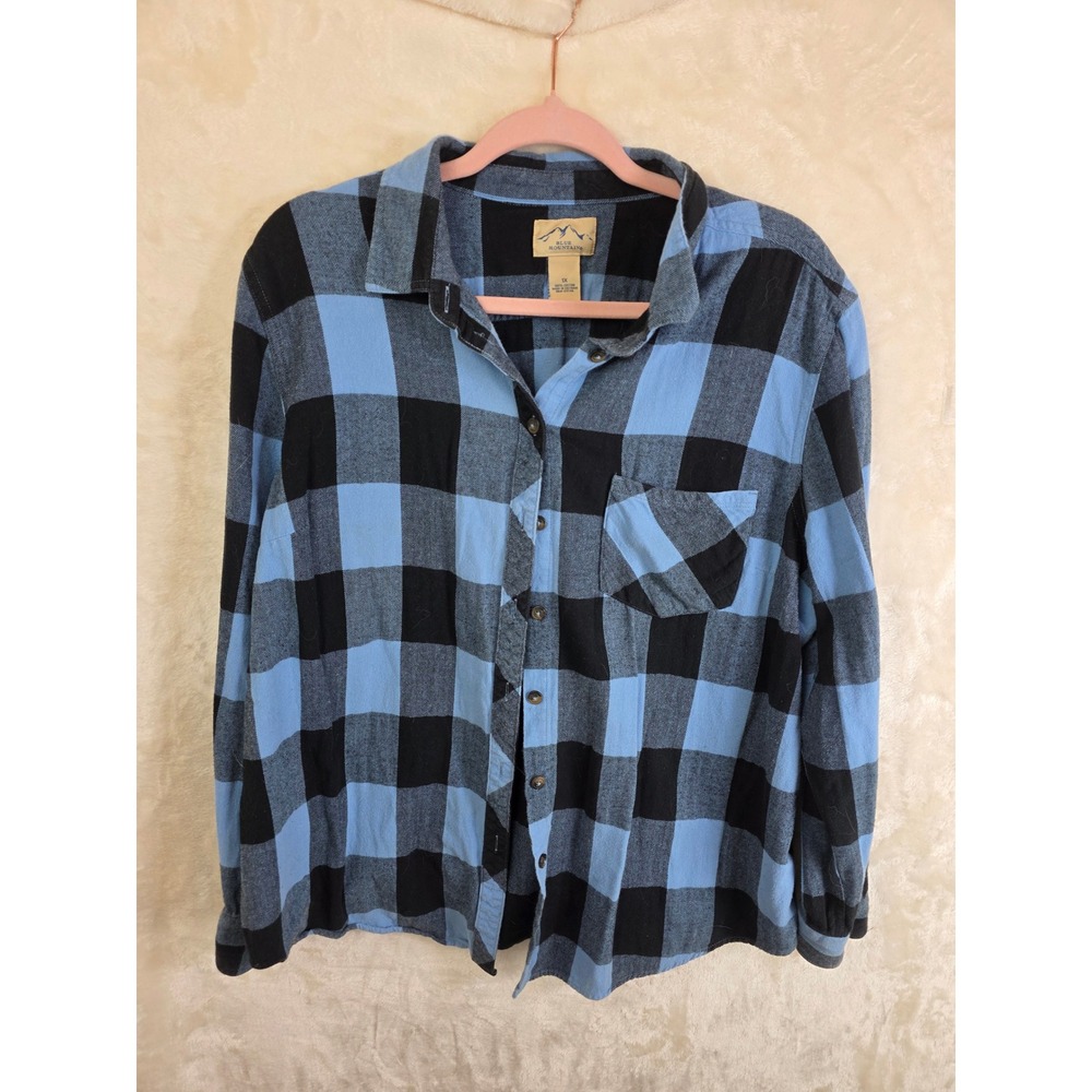 Blue Mountain Womens 1X Flannel Shirt Blue Black Buffalo Plaid Cotton Button Up